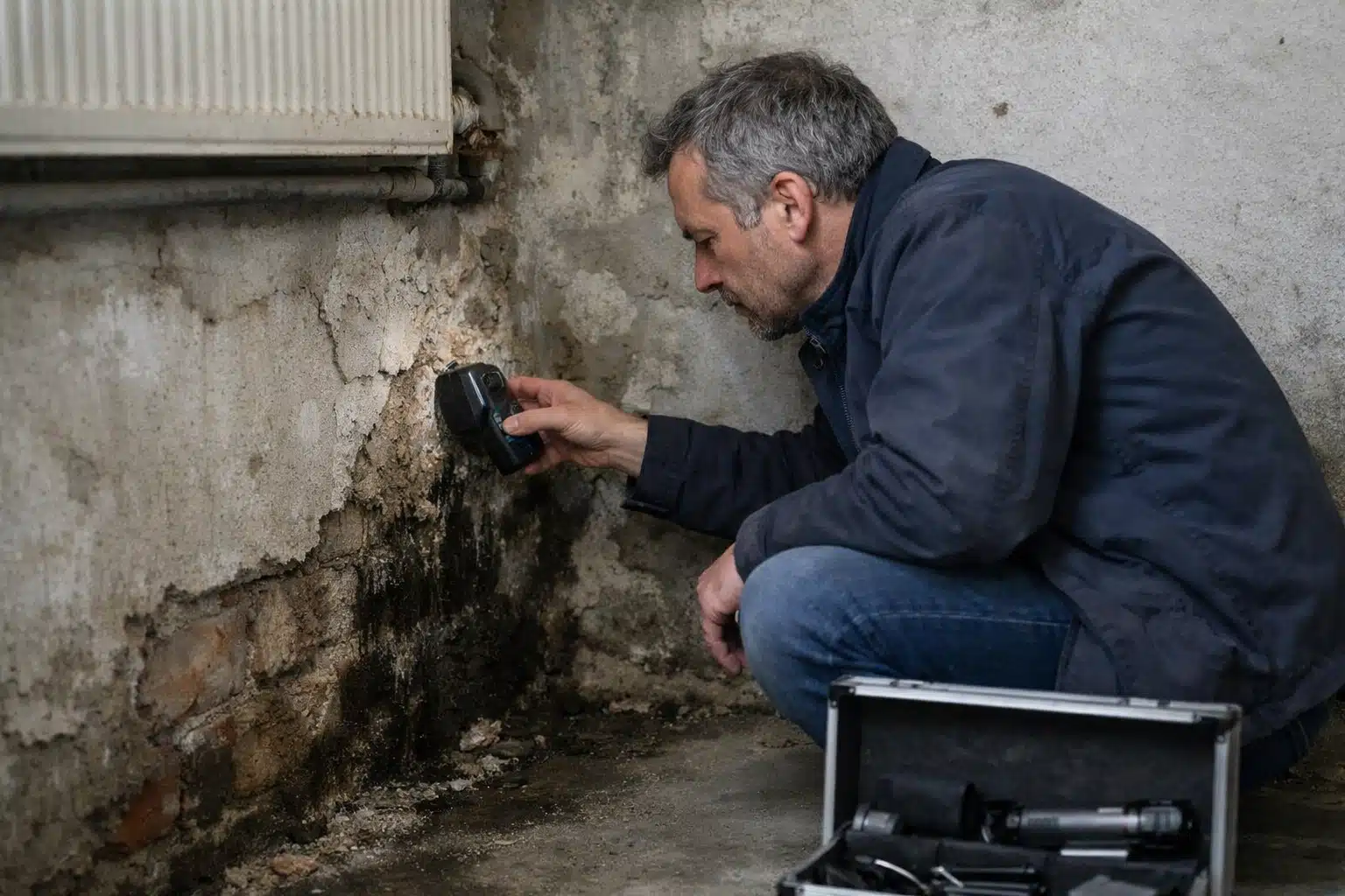 Homme inspectant une tache d'humidité murale