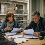 Femme et homme examinant plans, chantier en arrière-plan