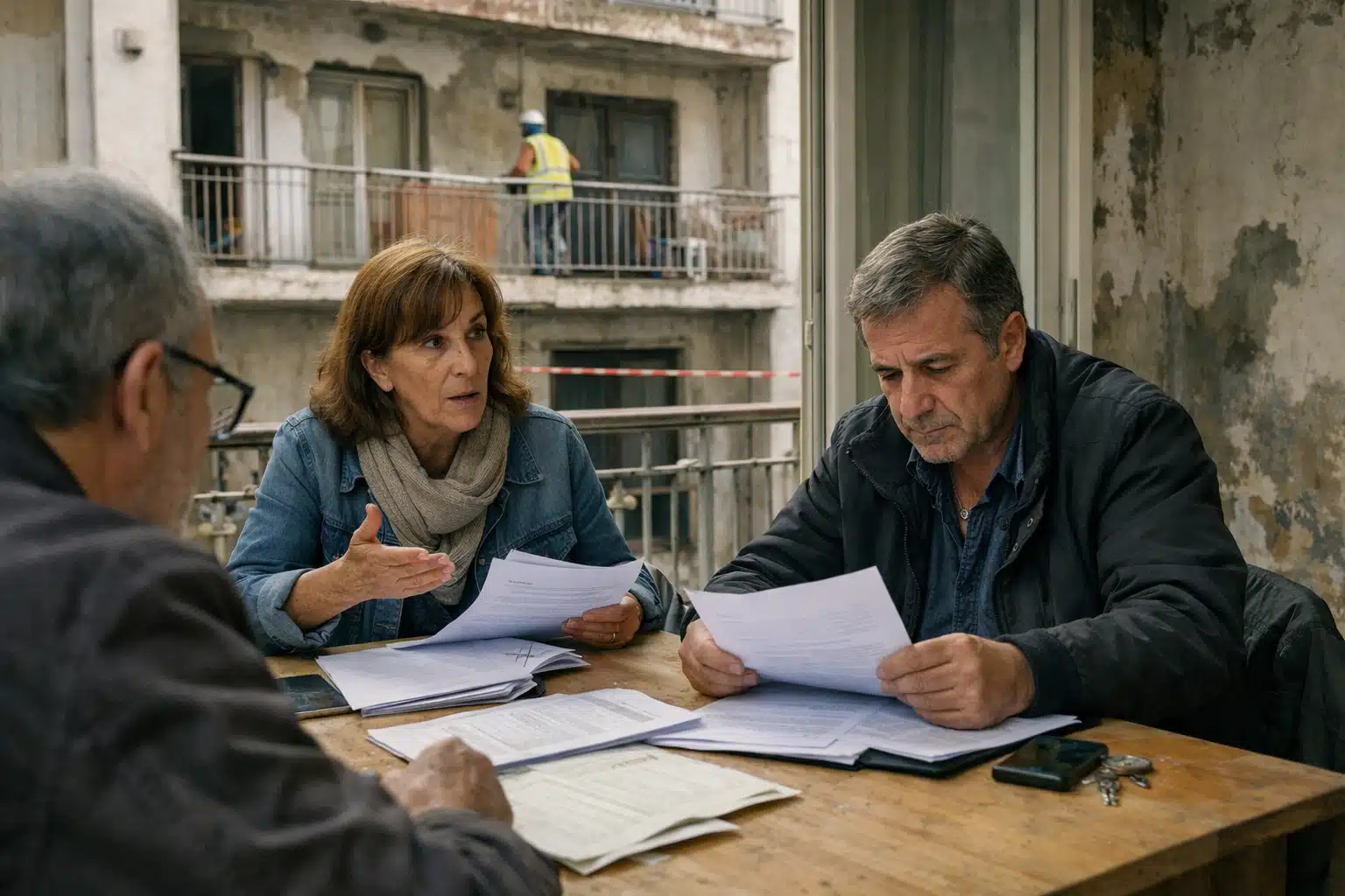 Femme et homme examinant plans, chantier en arrière-plan