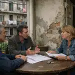 Trois adultes discutant autour d'une table avec documents