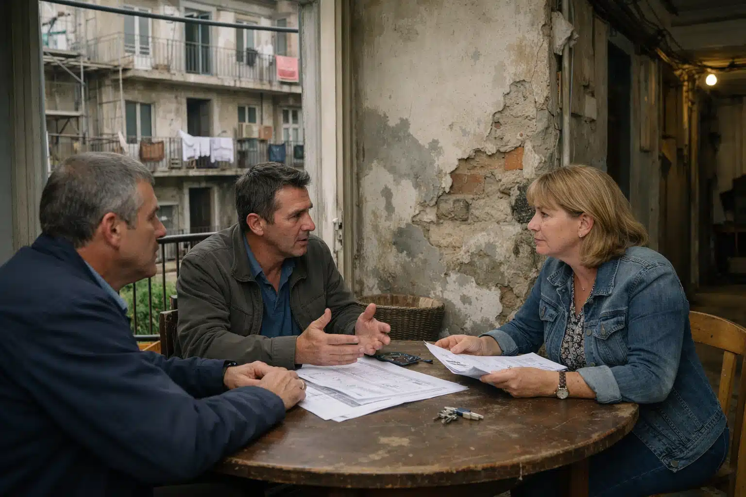 Trois adultes discutant autour d'une table avec documents