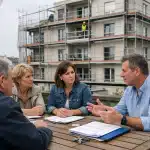 Réunion de chantier devant immeuble en travaux