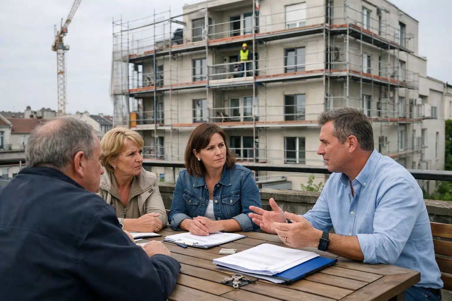 Réunion de chantier devant immeuble en travaux