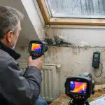 Technicien tenant une caméra thermique face à mur moisi
