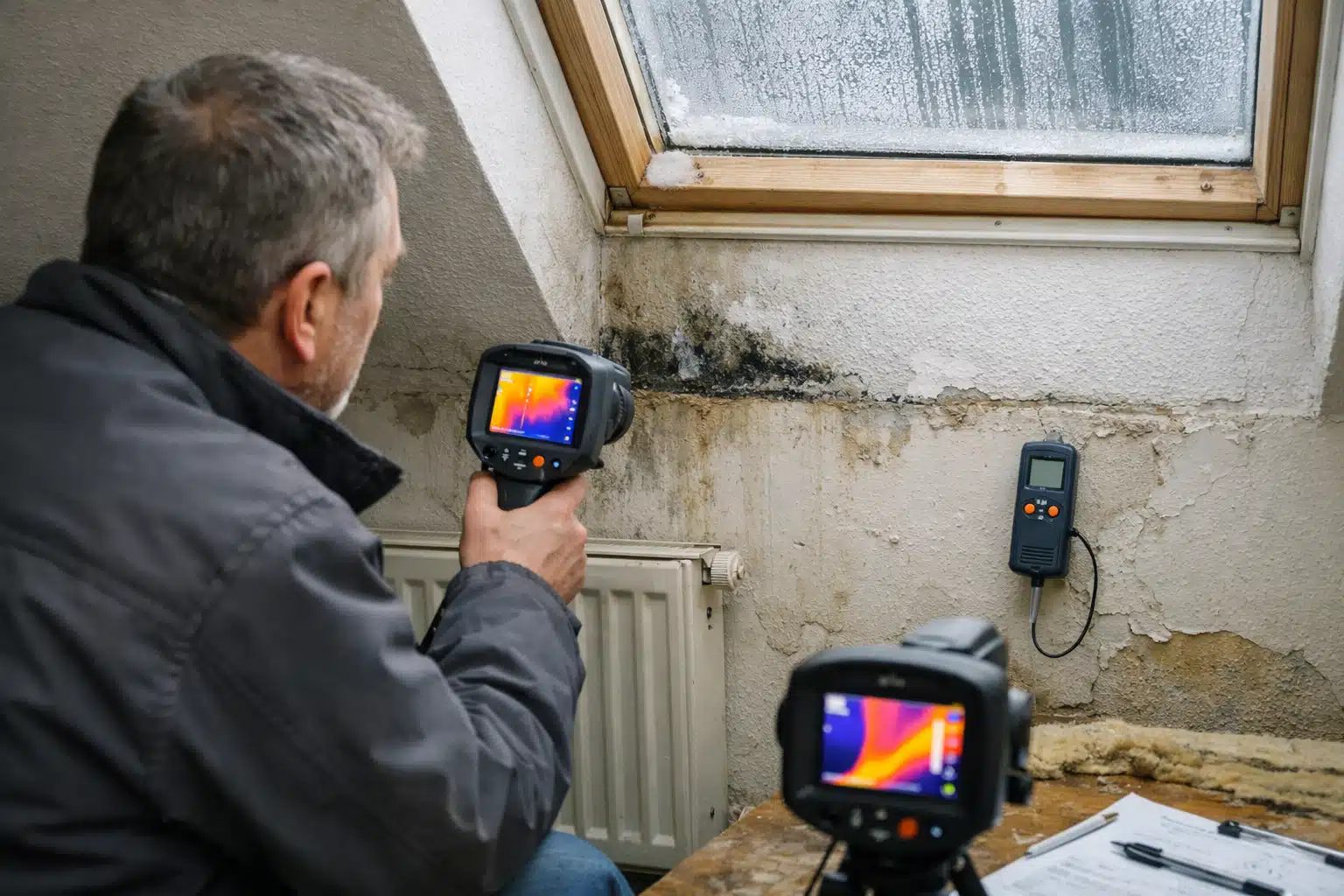 Technicien tenant une caméra thermique face à mur moisi