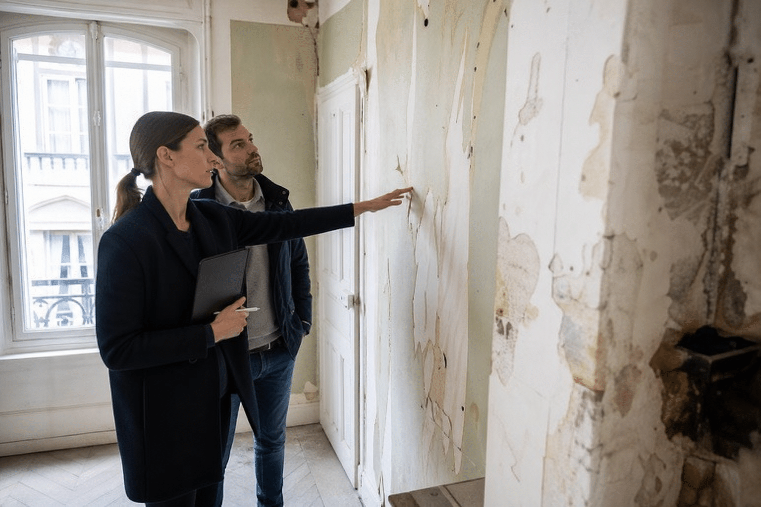 Deux personnes examinant un mur au papier peint abîmé