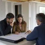 trois personnes consultent des plans de construction