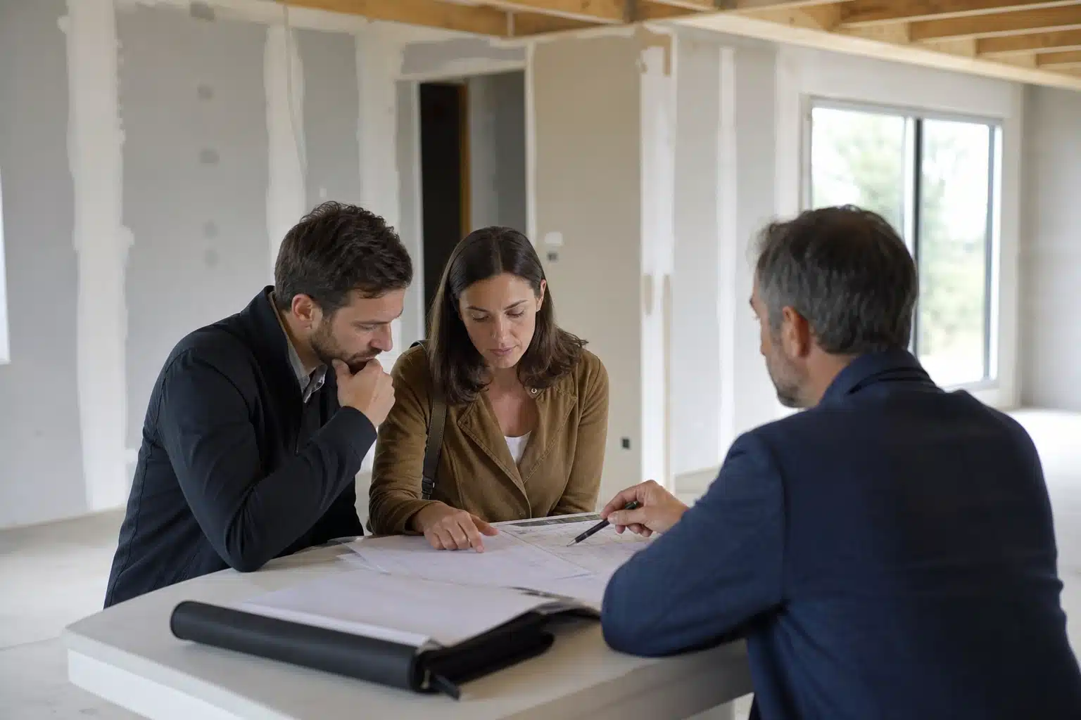 trois personnes consultent des plans de construction
