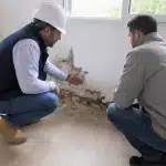 Deux techniciens inspectant un mur atteint d'humidité