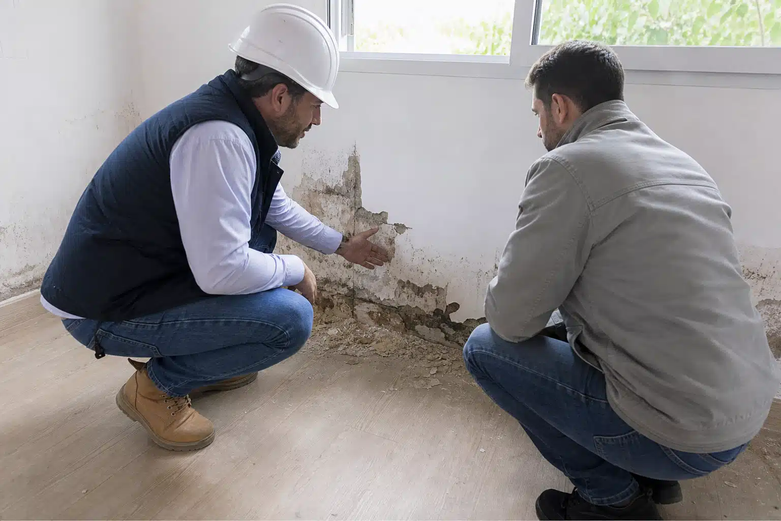 Deux techniciens inspectant un mur atteint d'humidité