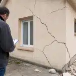 Personne examinant fissures importantes sur mur extérieur