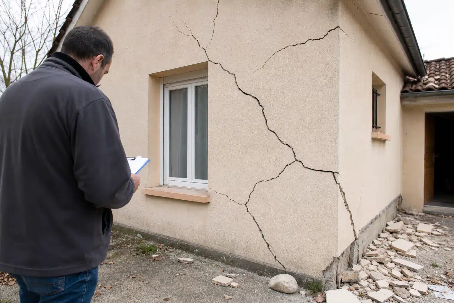 Personne examinant fissures importantes sur mur extérieur